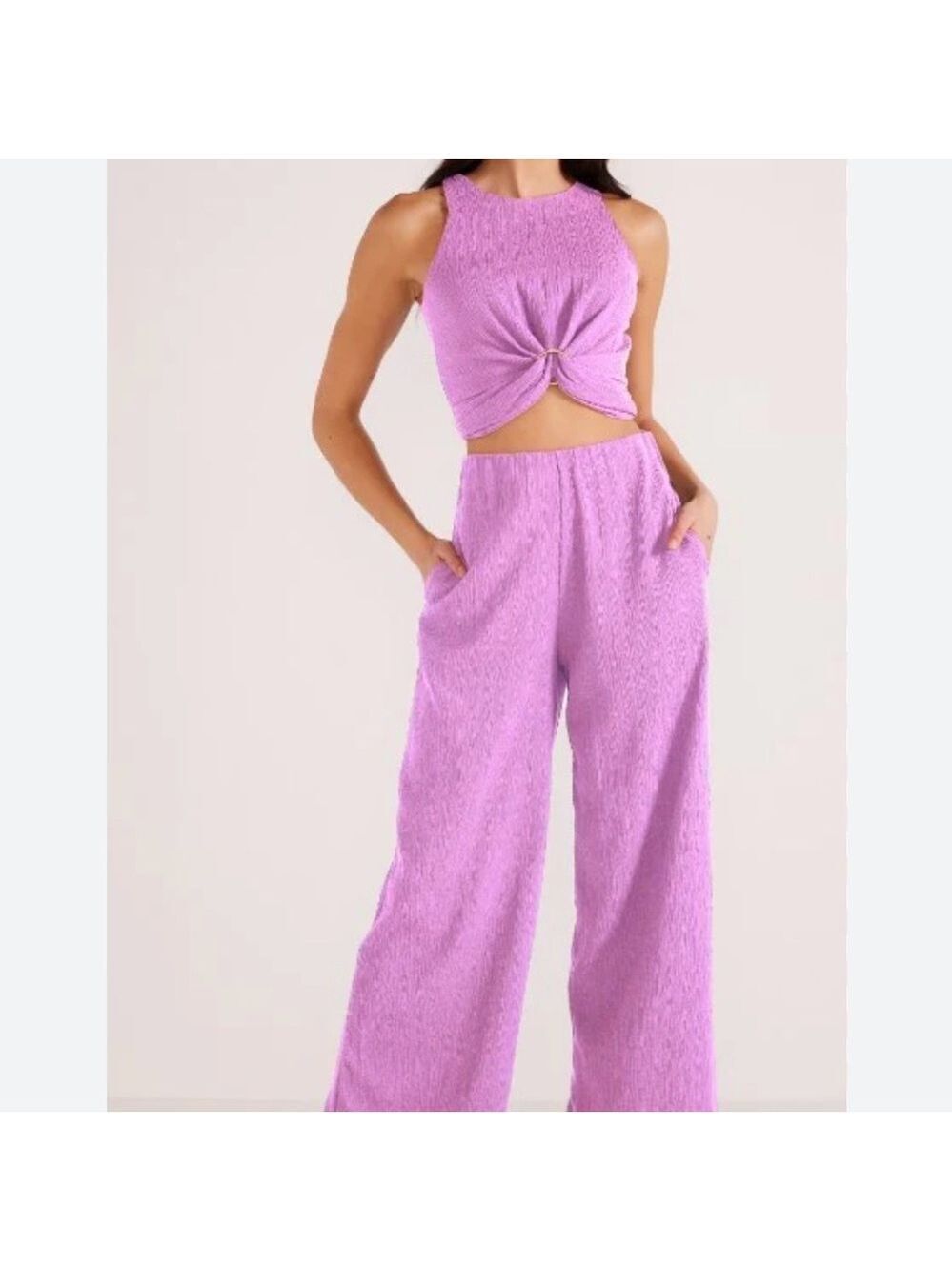 MINKPINK Genie Crop Top and Flowy Wide Leg Pants, Size M, Purple, Relaxed Fit